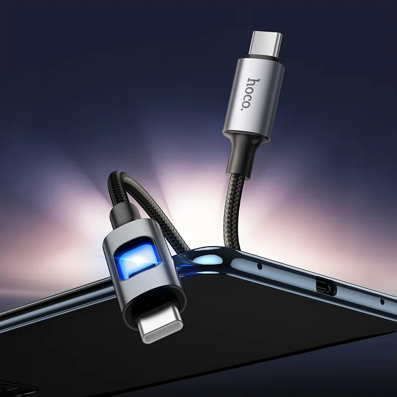 USB-C adat- és töltőkábel - USB-C HOCO U144 Led, 60W, 1,2m, Fekete