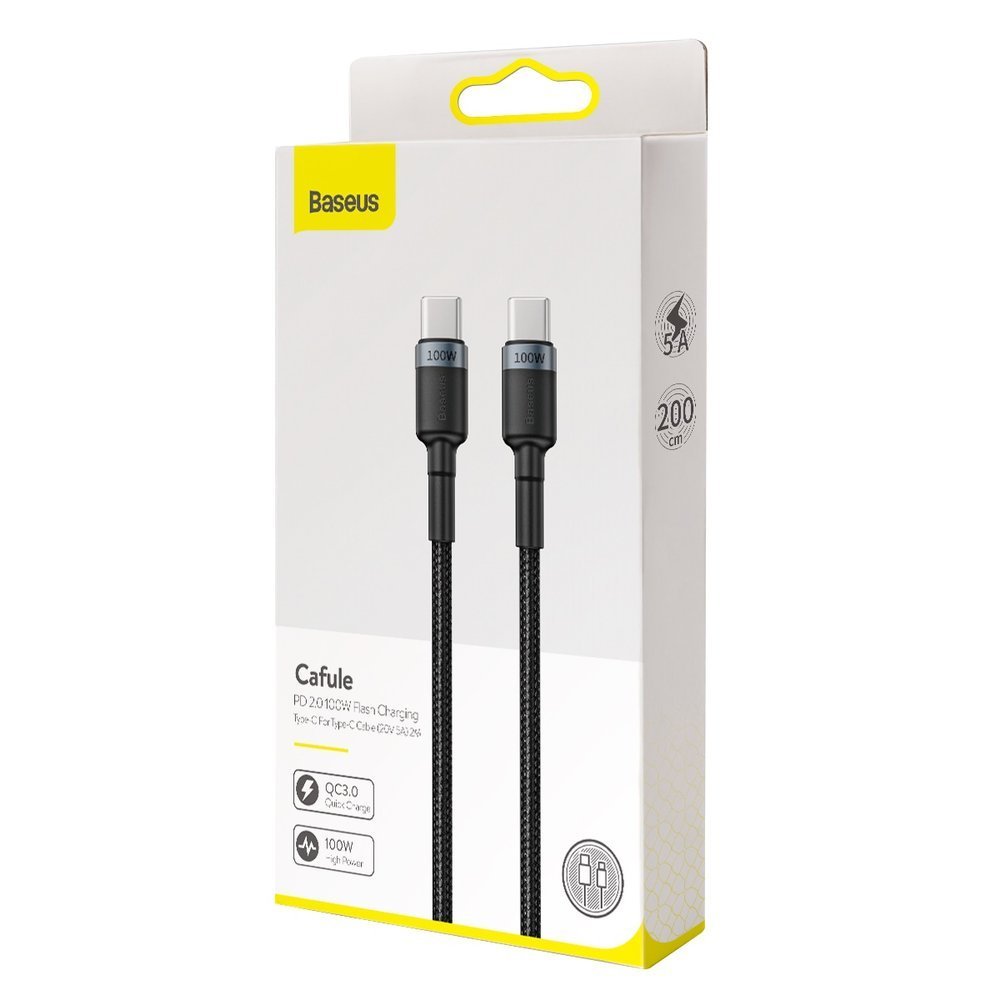USB-C adat- és töltőkábel - USB-C Baseus Cafule, 100W, 2m, szürke CATKLF-ALG1