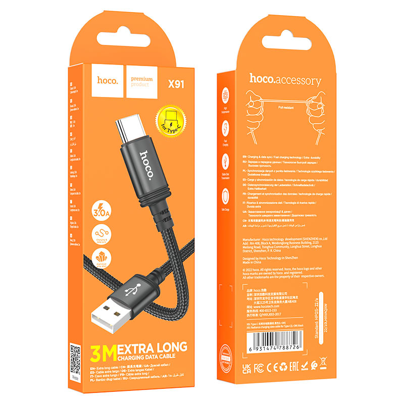 USB-A - USB-C HOCO X91 adat- és töltőkábel, 18W, 3m, Fekete
