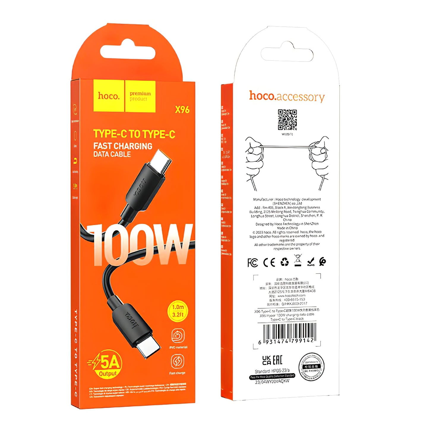USB-C - USB-C HOCO X96 adat- és töltőkábel, 100W, 1m, Fekete
