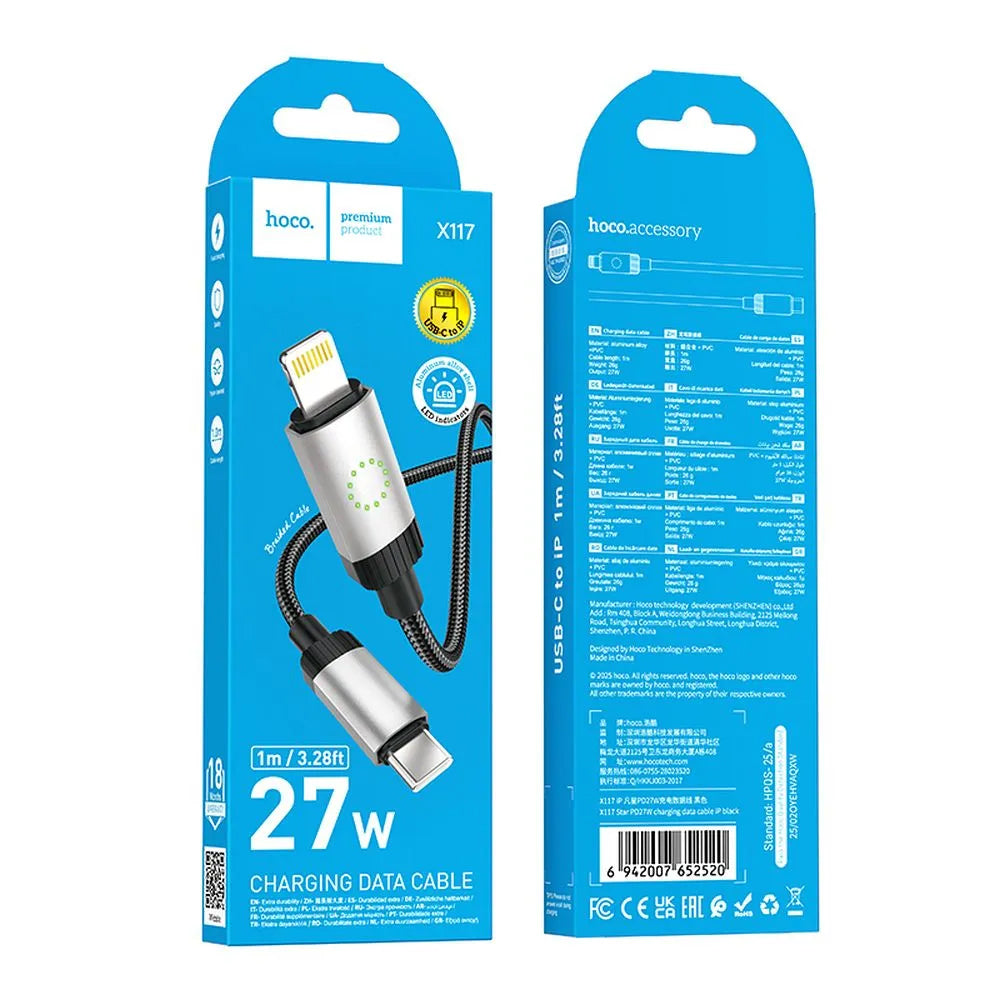 USB-C - Lightning adat- és töltőkábel HOCO X117, 27W, 1m, fekete