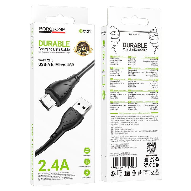 USB-A - microUSB Borofone BX121 Energy adat- és töltőkábel, 18W, 1m, Fekete