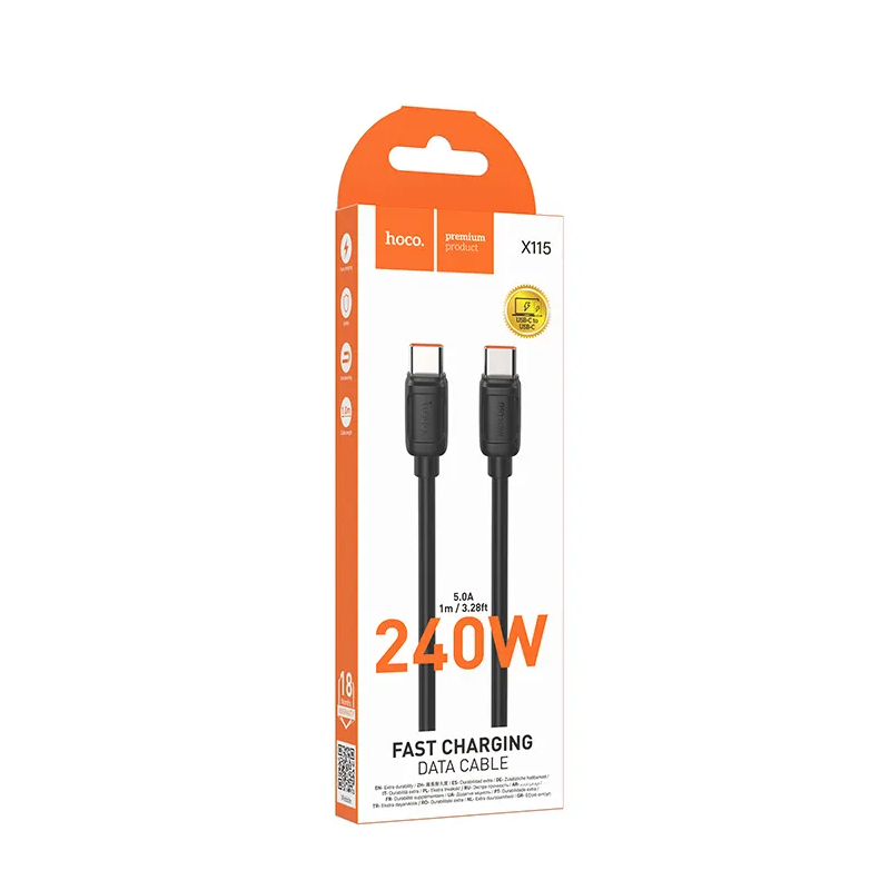 USB-C - USB-C HOCO X115 adat- és töltőkábel, 240W, 1m, Fekete