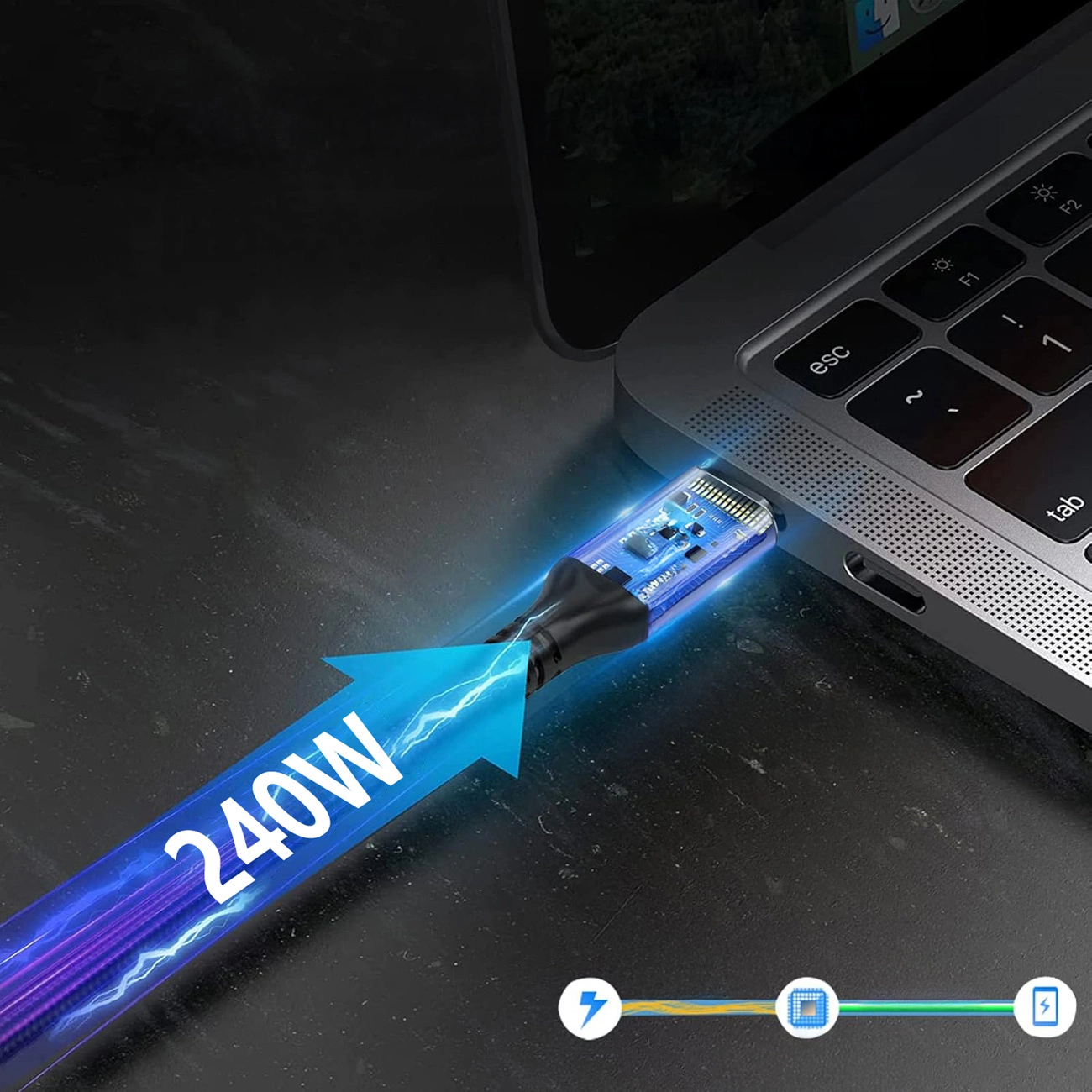 USB-C - USB-C adat- és töltőkábel WZK WPS-UY42S, 240W, 2m, Fekete