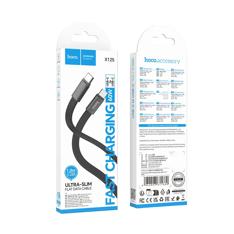 USB-C - USB-C HOCO X125 adat- és töltőkábel, 60W, 1m, Fekete