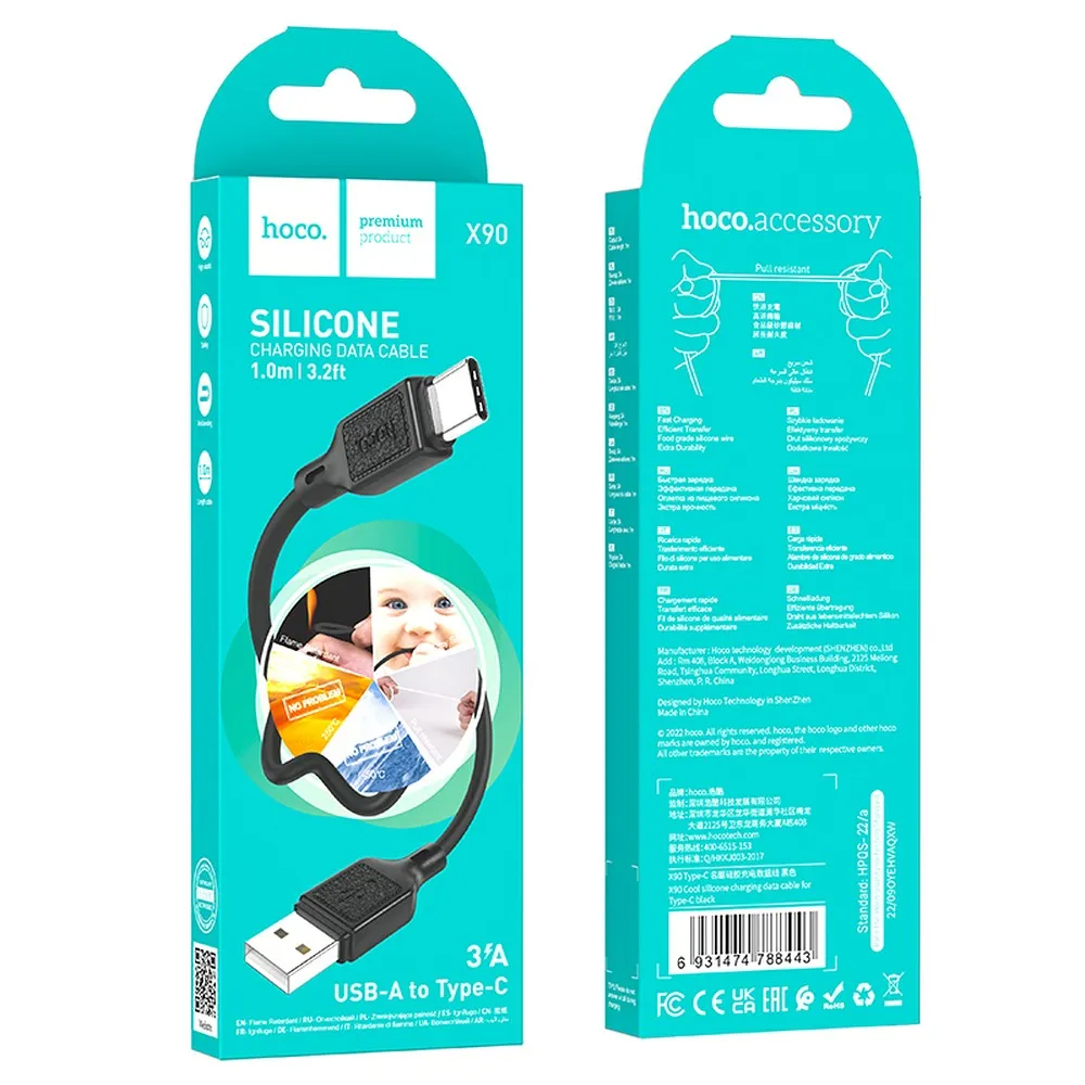 USB-A - USB-C HOCO X90 adat- és töltőkábel, 60W, 1m, Fekete