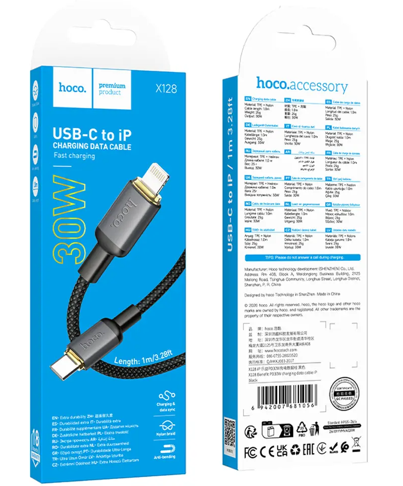 USB-C - Lightning HOCO X128 Benefit adat- és töltőkábel, 30W, 1m, fekete