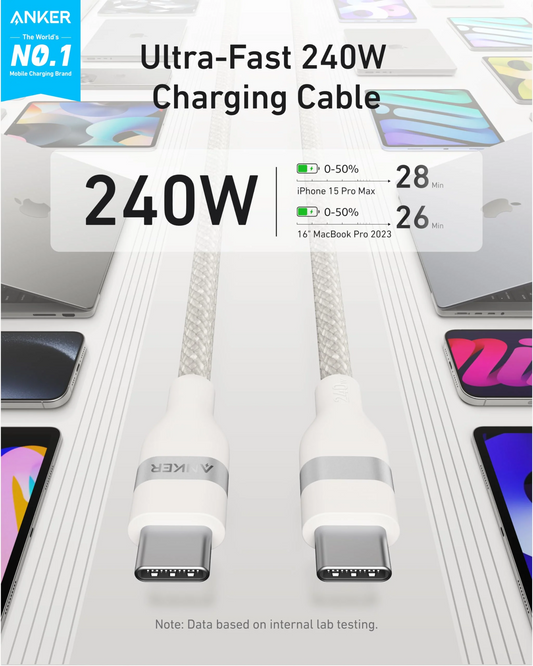 USB-C - USB-C Anker adat- és töltőkábel, 240W, 1.8m, Fehér A82E2H22