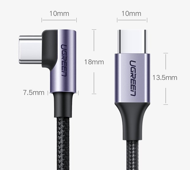 USB-C - USB-C UGREEN US255 Angled adat- és töltőkábel, 60W, 1m, szürke