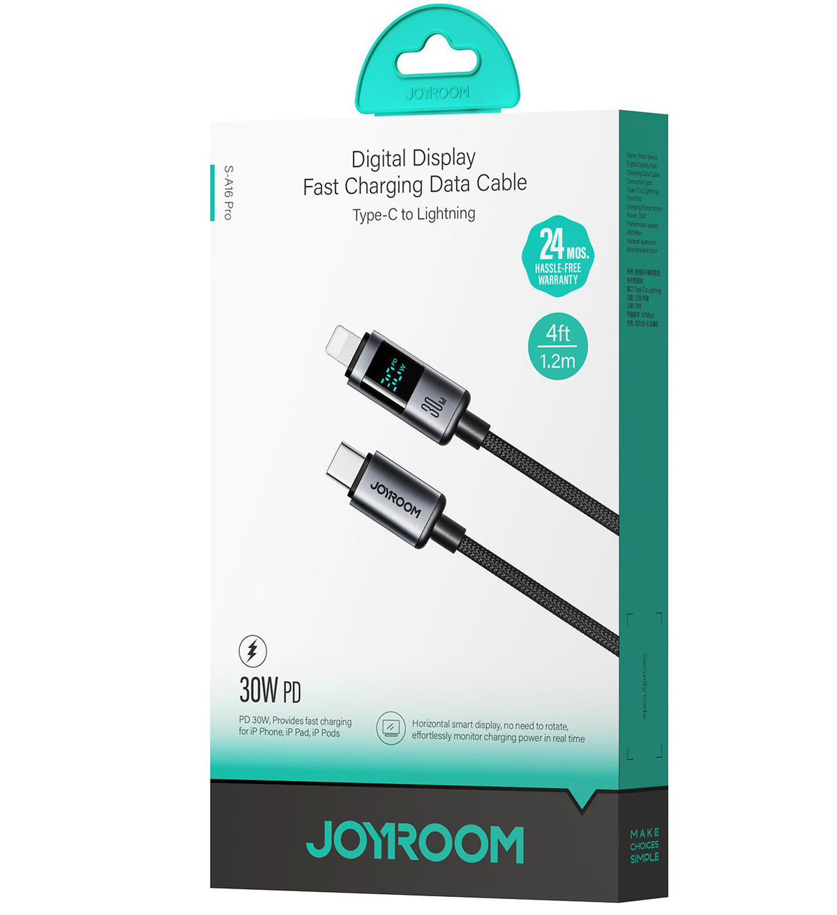 USB-C - Lightning Joyroom S-A16 Pro Prism Display adat- és töltőkábel, 30W, 1.2m, Fekete
