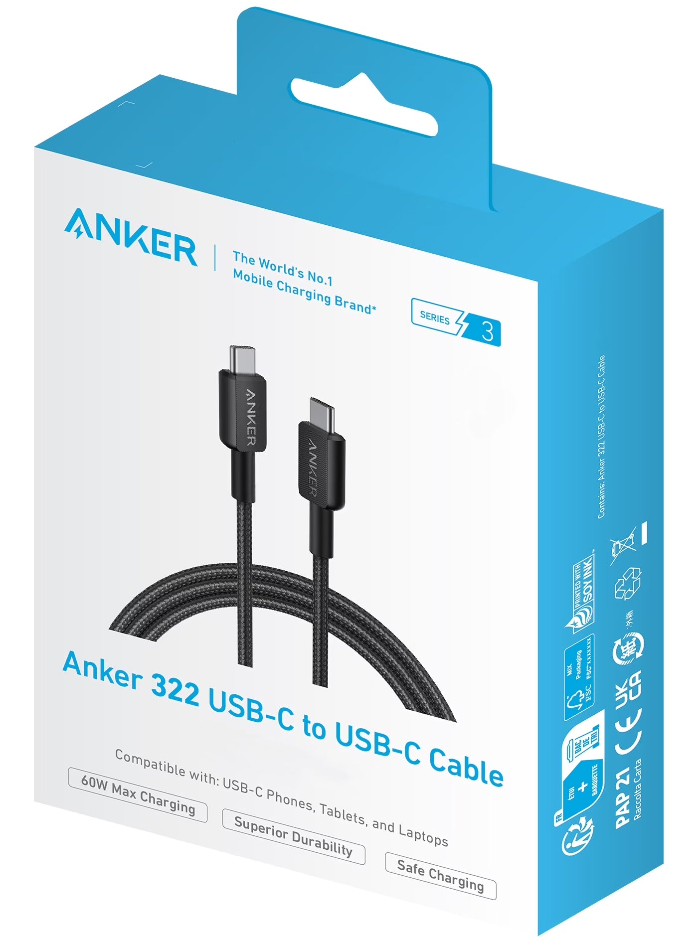 USB-C - USB-C Anker 322 adat- és töltőkábel, 60W, 0.9m, Fekete A81F5G11