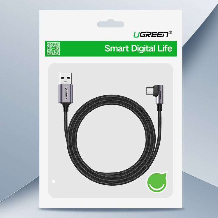 USB-A - USB-C UGREEN US284 Angled adat- és töltőkábel, 18W, 1m, szürke