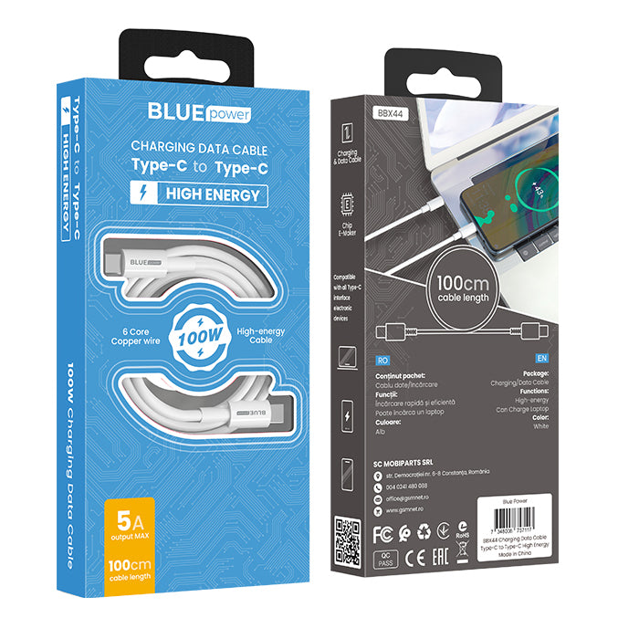 USB-C adat- és töltőkábel - USB-C BLUE BLUE Power BBX44, 100W, 1m, fehér