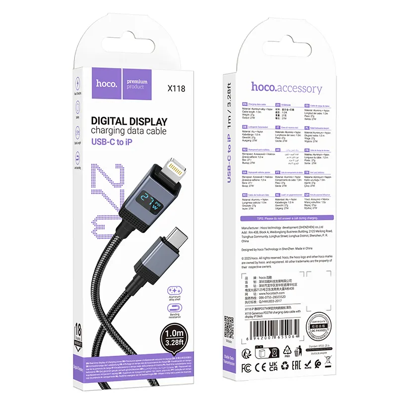 USB-C - Lightning HOCO X118 Display adat- és töltőkábel, 27W, 1m, Fekete