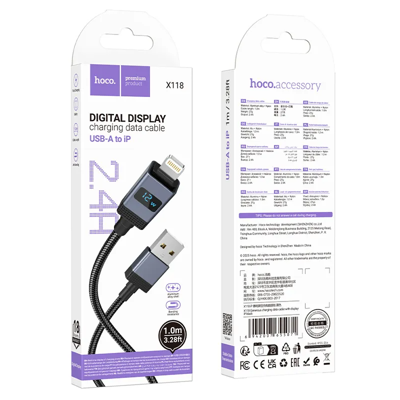 USB-A - Lightning HOCO X118 Display adat- és töltőkábel, 12W, 1m, Fekete