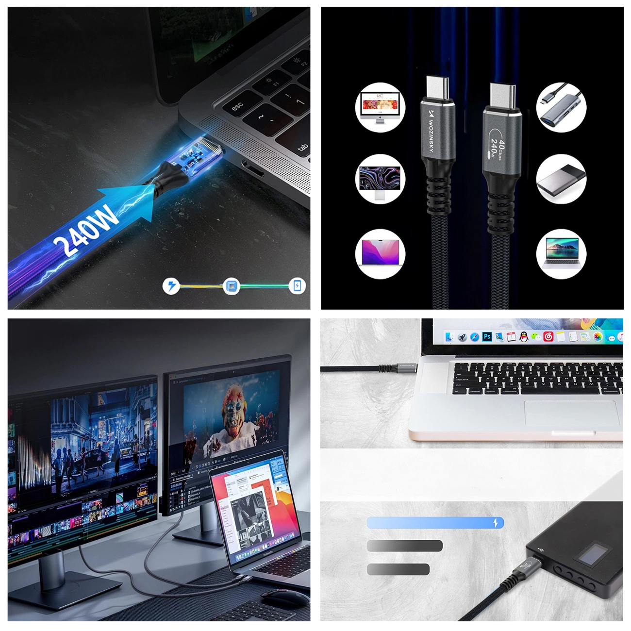USB-C - USB-C adat- és töltőkábel WZK WPS-UY42S, 240W, 2m, Fekete