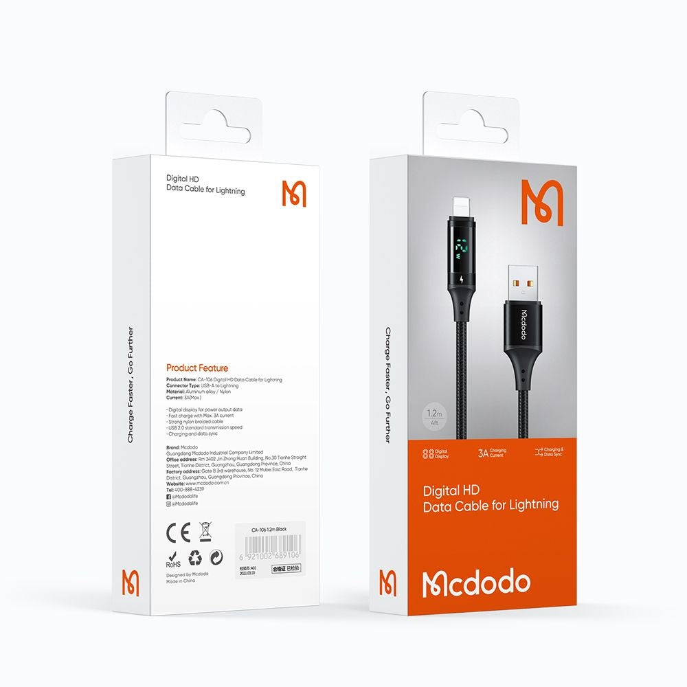 USB-A - Lightning McDodo CA-1060 Display adat- és töltőkábel, 12W, 1.2m, Fekete