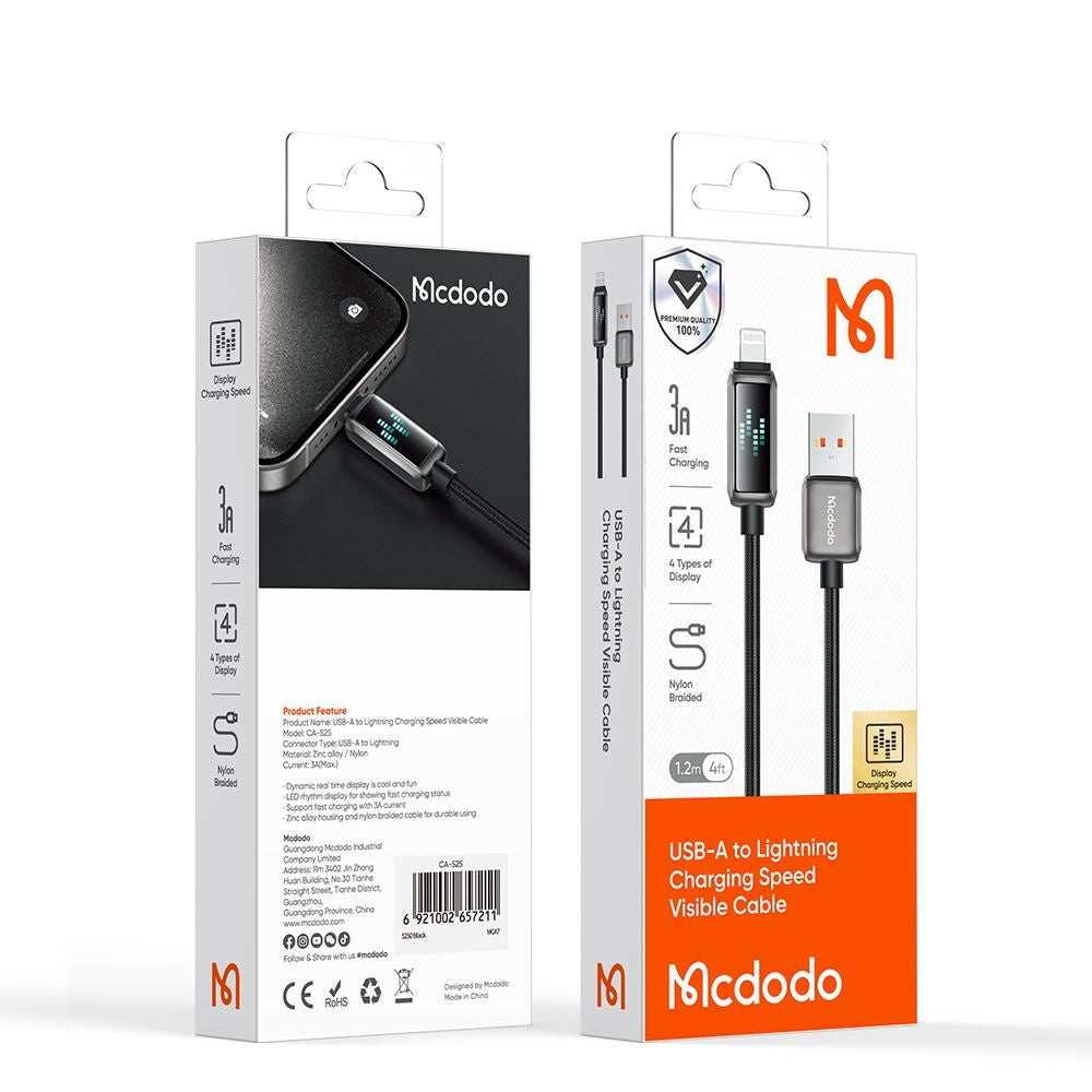 USB-A - Lightning McDodo CA-5250 Display adat- és töltőkábel, 18W, 1.2m, Fekete