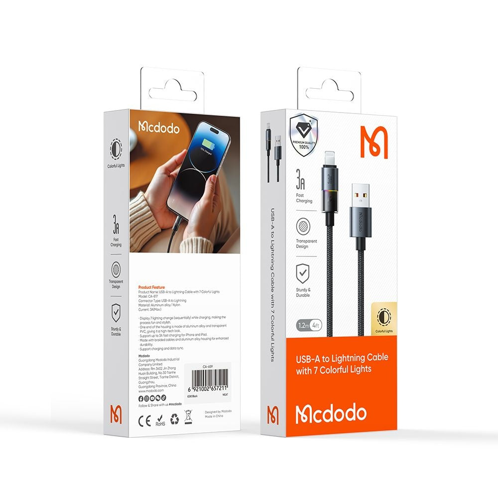 USB-A to Lightning McDodo CA-8170 Colorful Data and Charging Cable, 18W, 1.2m, Black