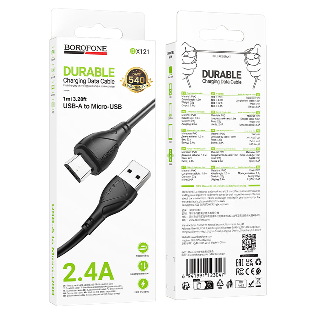 USB-A - microUSB Borofone BX121 Energy adat- és töltőkábel, 18W, 1m, Fekete