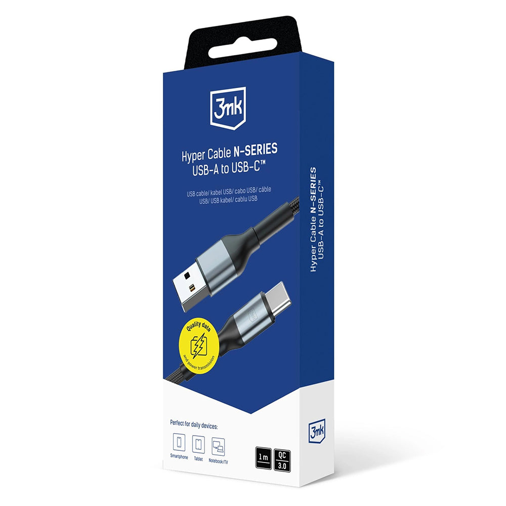 USB-A - USB-C 3MK Hyper N adat- és töltőkábel, 18W, 1m, Fekete