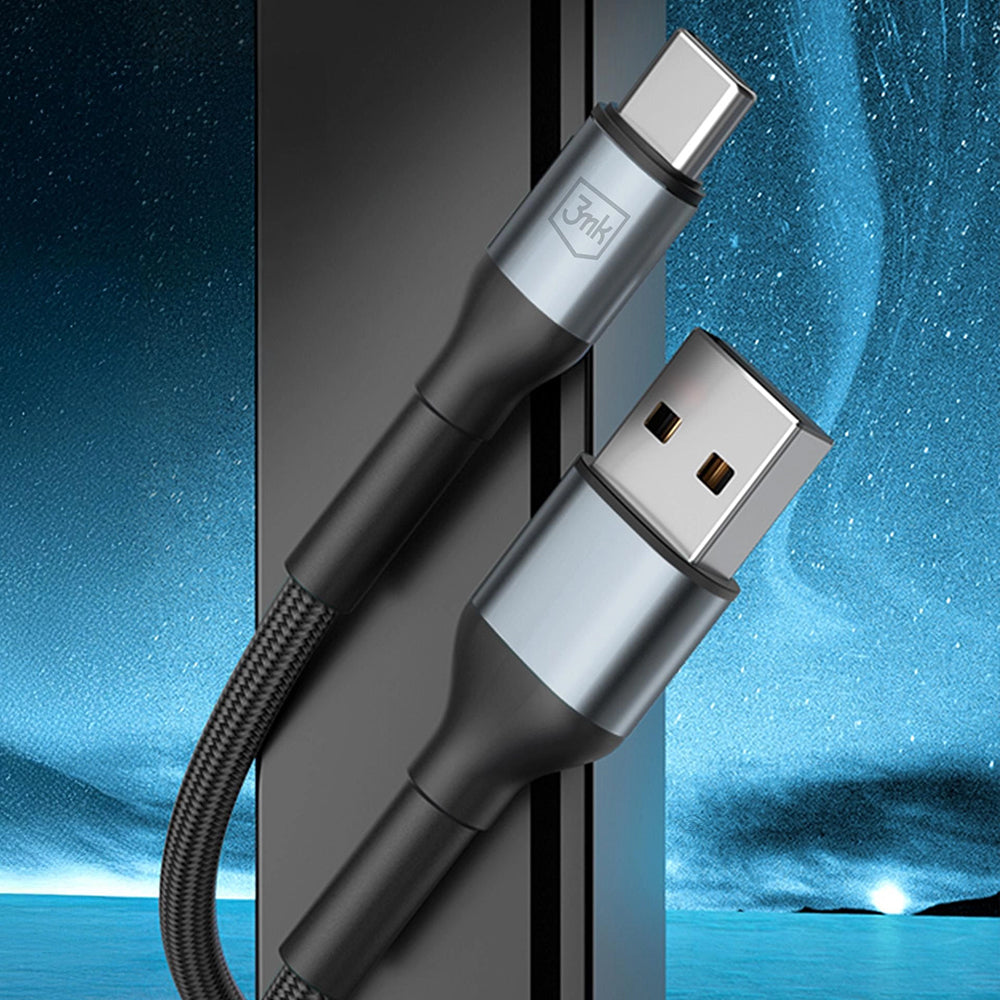 USB-A - USB-C 3MK Hyper N adat- és töltőkábel, 18W, 1m, Fekete
