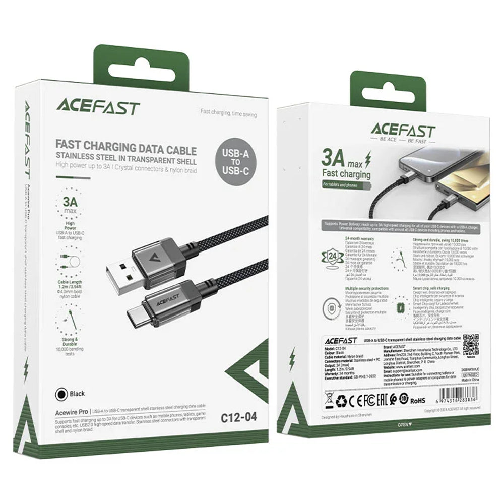 USB-A - USB-C Acefast C12-04 adat- és töltőkábel, 18W, 1,2m, Fekete