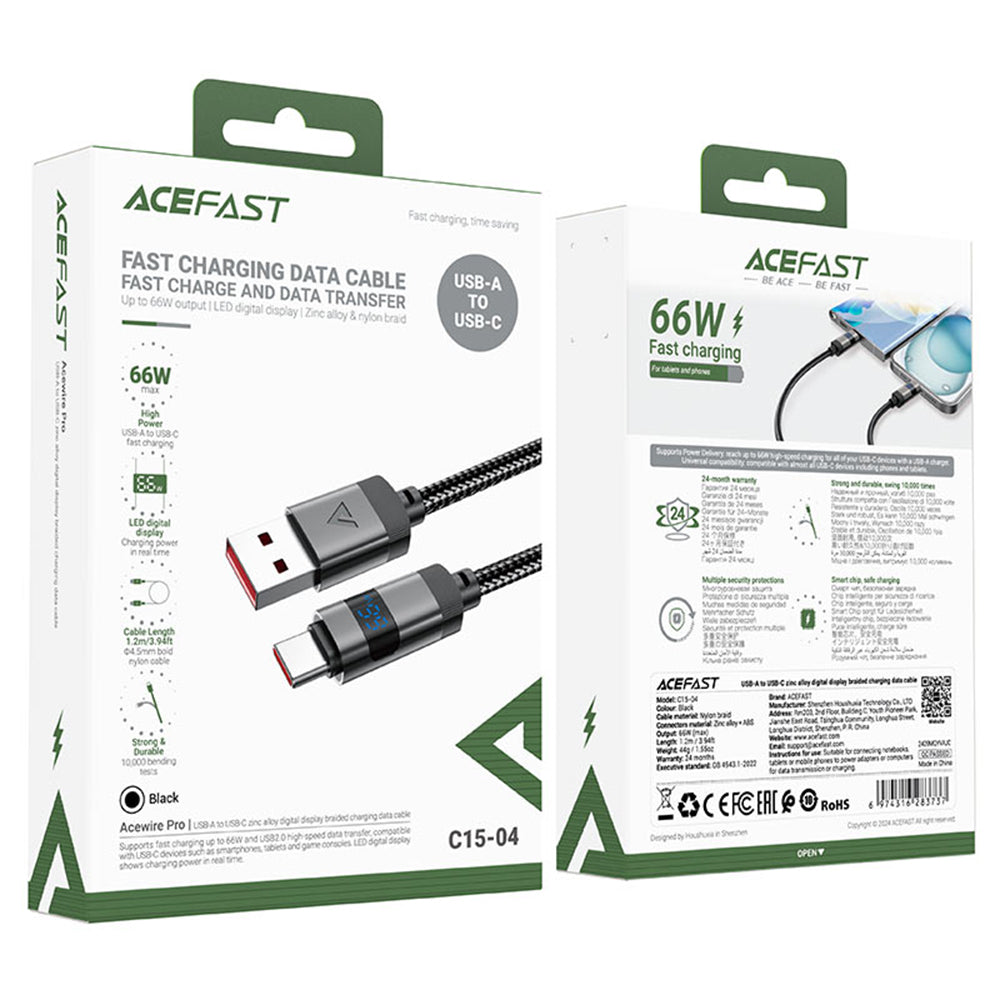 USB-A - USB-C Acefast C15-04 Display adat- és töltőkábel, 66W, 1.2m, Fekete