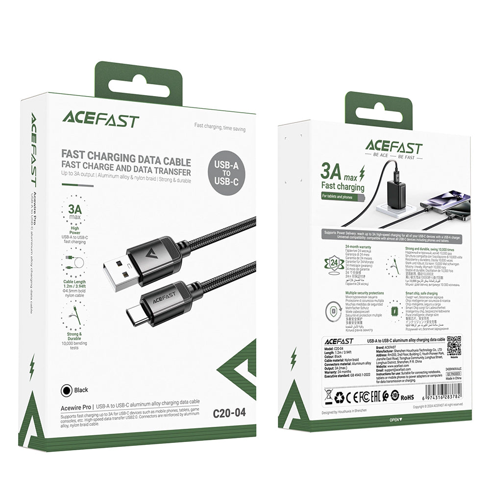 USB-A - USB-C Acefast C20-04 adat- és töltőkábel, 18W, 1.2m, Fekete