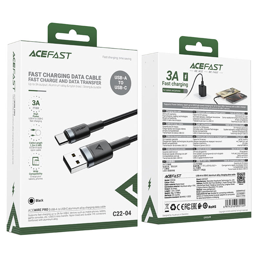 Adat- és Töltőkábel USB-A - USB-C Acefast C22-04, 18W, 1.2m, Fekete
