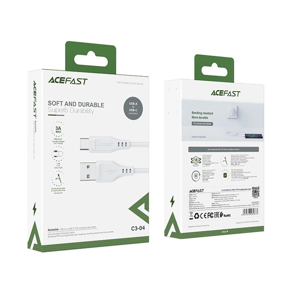 USB-A - USB-C Acefast C3-03 adat- és töltőkábel, 60W, 1.2m, Fehér
