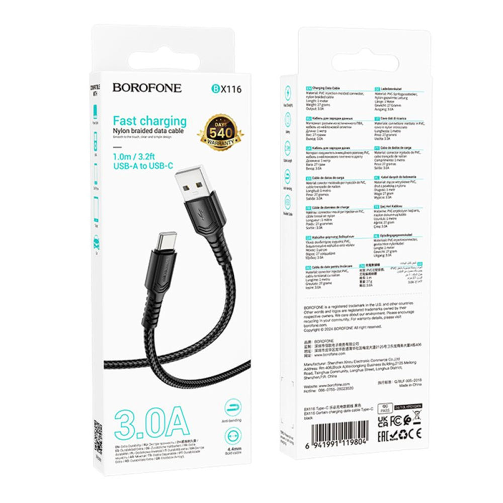 USB-A - USB-C Borofone BX116 Certain adat- és töltőkábel, 18W, 1m, Fekete