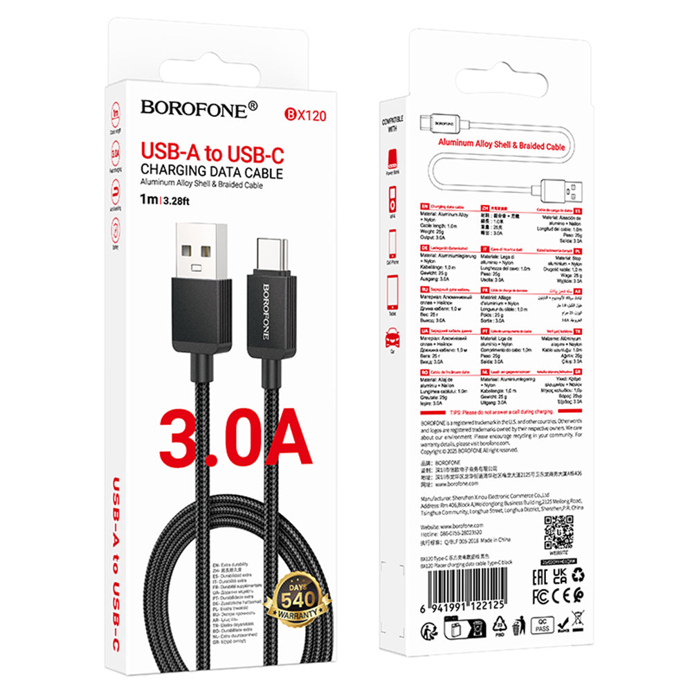 USB-A - USB-C Borofone BX120 Placer adat- és töltőkábel, 18W, 1m, Fekete