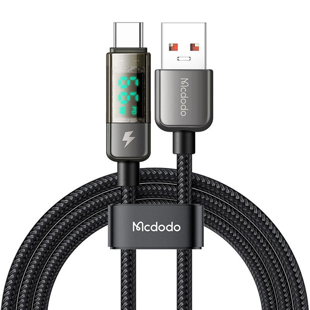USB-A - USB-C McDodo CA-3630 Adat- és Töltőkábel Auto Power Off Kijelzővel, 66W, 1.2m, Fekete