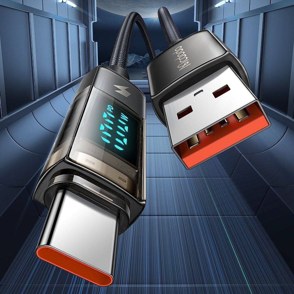 USB-A - USB-C McDodo CA-3630 Adat- és Töltőkábel Auto Power Off Kijelzővel, 66W, 1.2m, Fekete