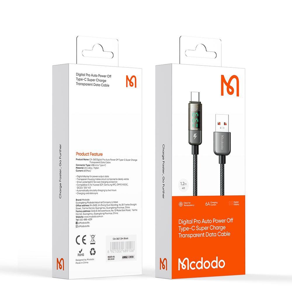 USB-A - USB-C McDodo CA-3630 Adat- és Töltőkábel Auto Power Off Kijelzővel, 66W, 1.2m, Fekete