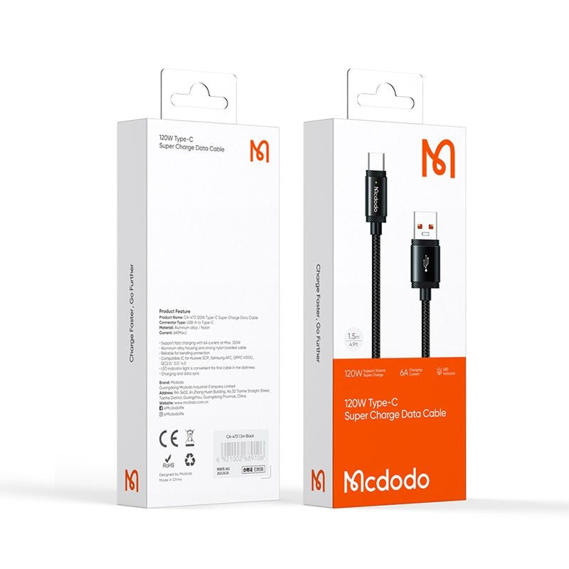 USB-A to USB-C McDodo CA-4730 Data and Charging Cable, 120W, 1.5m, Black