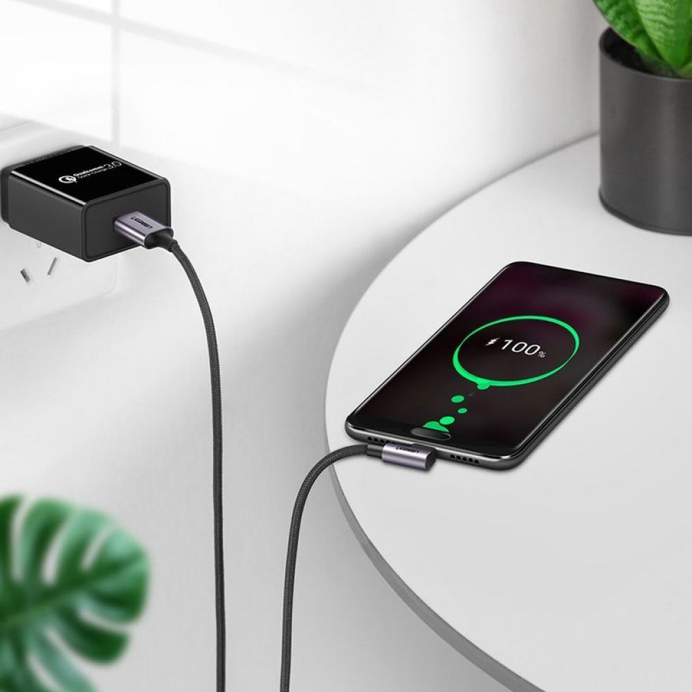 USB-A - USB-C UGREEN US284 Angled adat- és töltőkábel, 18W, 0,5m, szürke