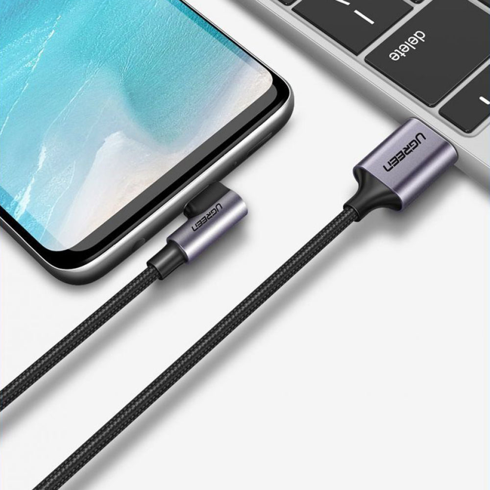 USB-A - USB-C UGREEN US284 Angled adat- és töltőkábel, 18W, 0,5m, szürke