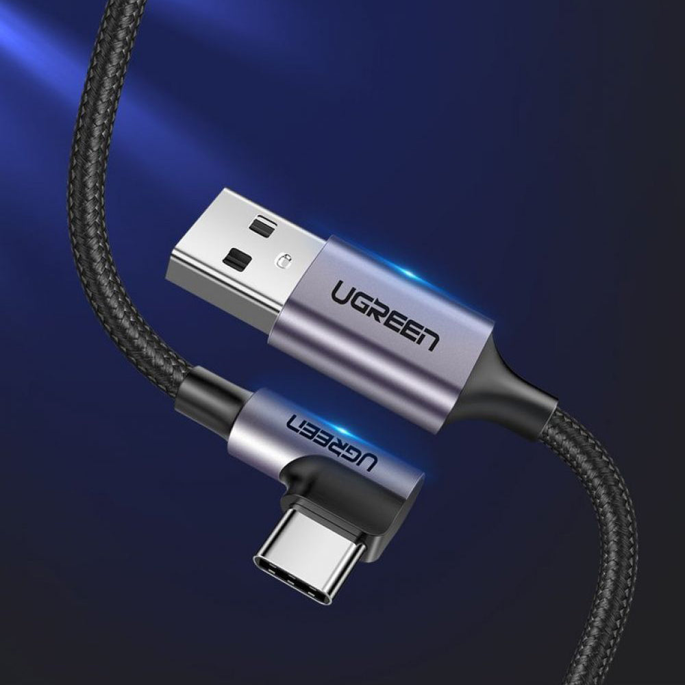 USB-A - USB-C UGREEN US284 Angled adat- és töltőkábel, 18W, 0,5m, szürke