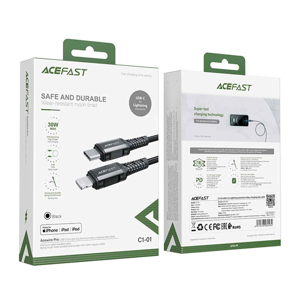 USB-C - Lightning Acefast C1-01 adat- és töltőkábel, 30W, 1.2m, Fekete