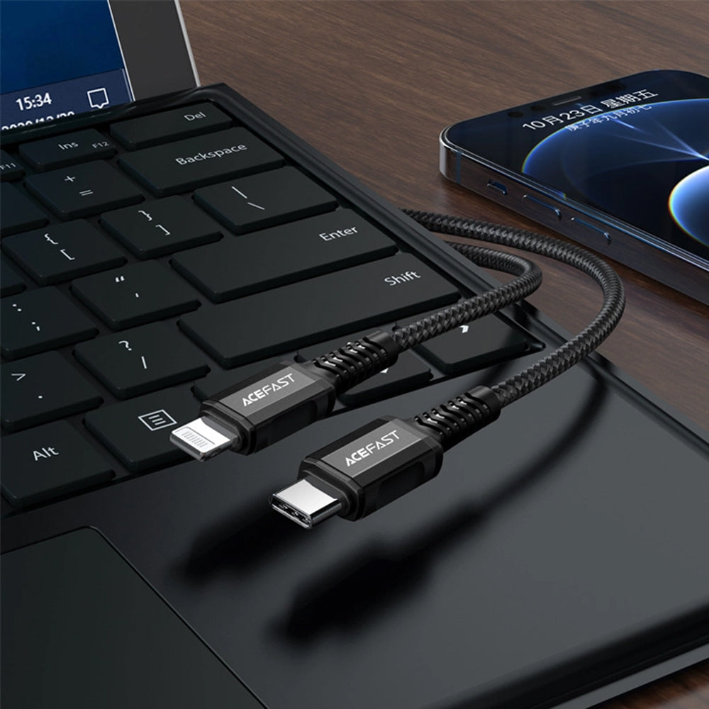 USB-C - Lightning Acefast C1-01 adat- és töltőkábel, 30W, 1.2m, Fekete