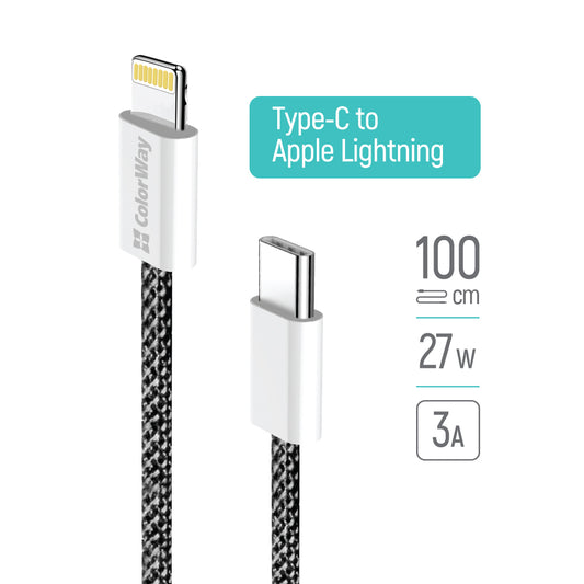USB-C - Lightning adat- és töltőkábel ColorWay CW-CBPDCL061, 27W, 1m, Fekete