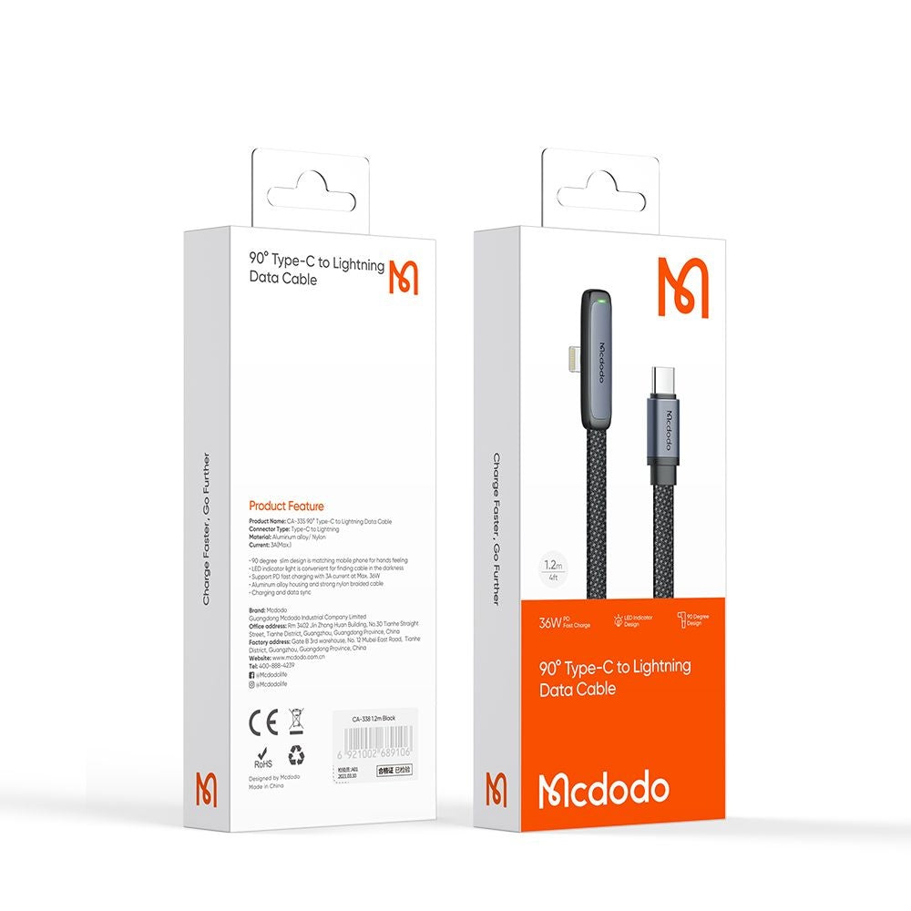 USB-C - Lightning McDodo CA-3350 Angled adat- és töltőkábel, 36W, 1.2m, Fekete