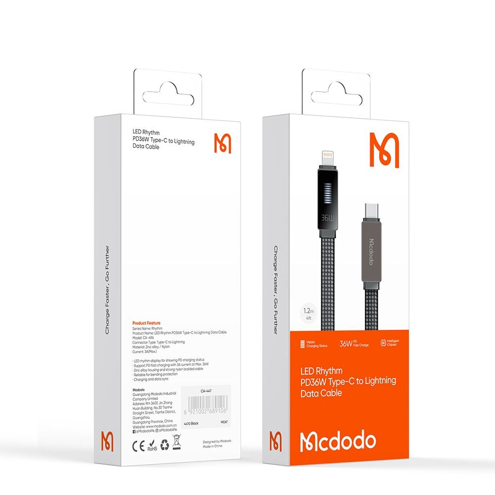 USB-C - Lightning McDodo CA-4960 Rythm Display adat- és töltőkábel, 36W, 1.2m, Fekete
