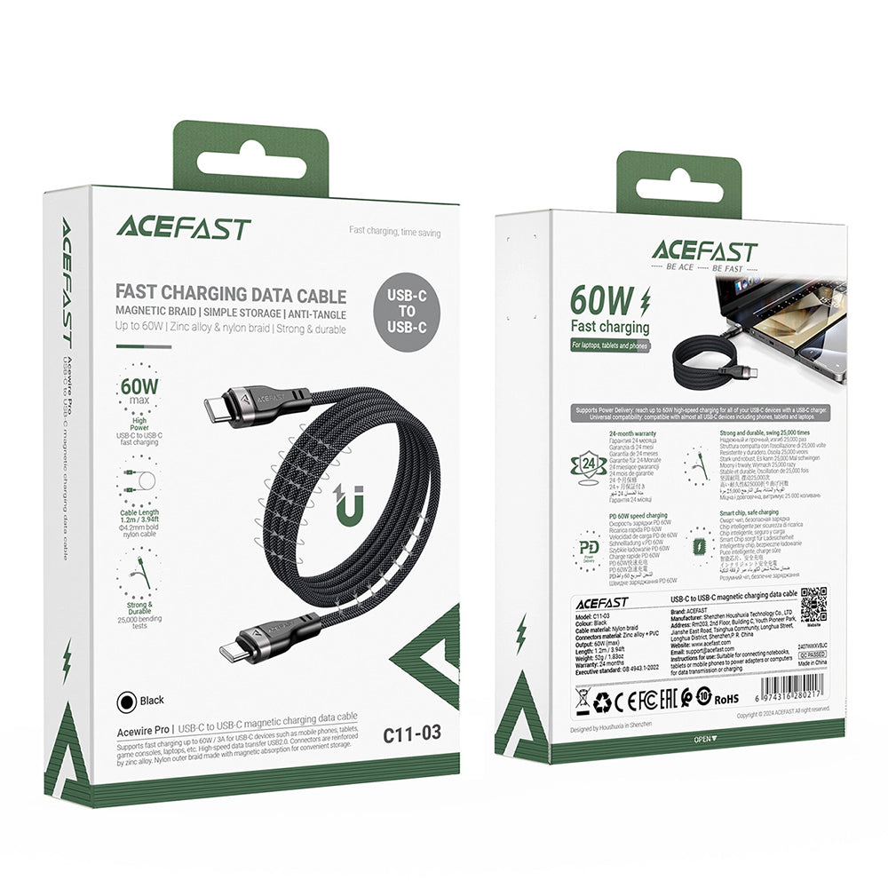 USB-C - USB-C Acefast C11-03 adat- és töltőkábel, 60W, 1.2m, Fekete