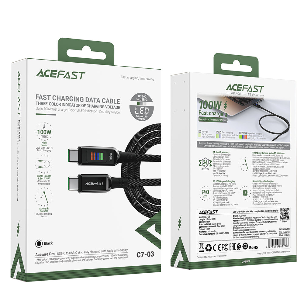 USB-C - USB-C Acefast C7-03 adat- és töltőkábel, 100W, 1.2m, Fekete