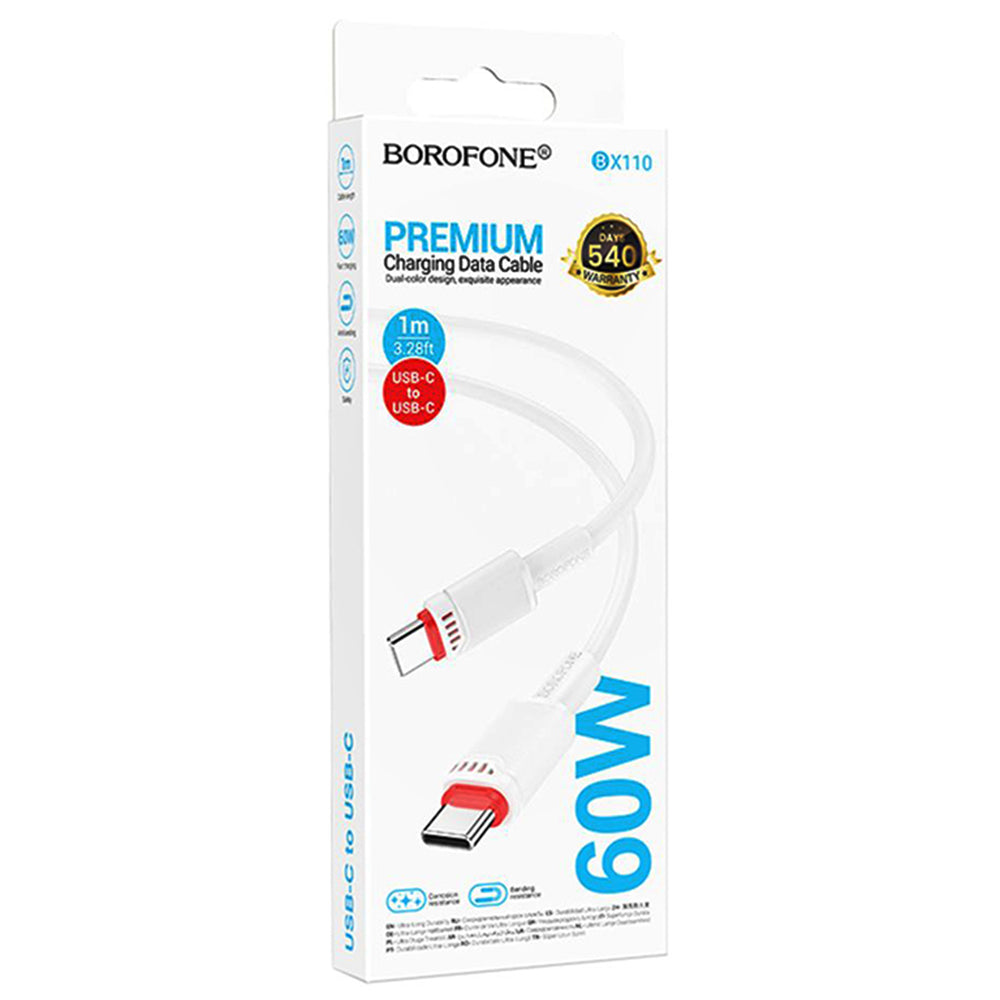USB-C - USB-C Borofone BX110 Beneficio adat- és töltőkábel, 60W, 1m, Fehér