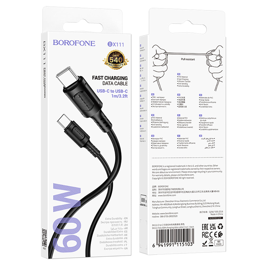 USB-C - USB-C adat- és töltőkábel Borofone BX111 Feliz, 60W, 1m, Fekete