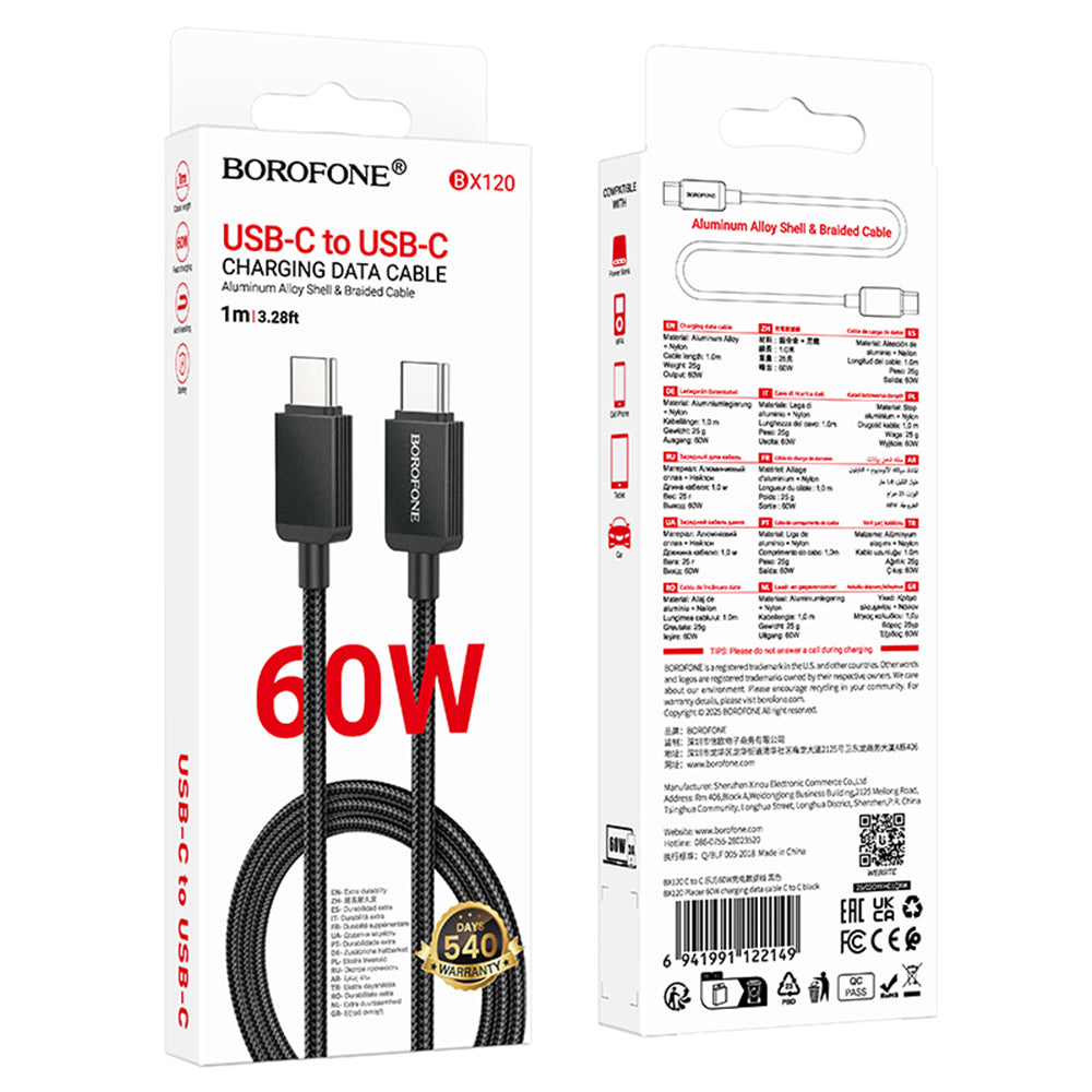 USB-C - USB-C Borofone BX120 Placer adat- és töltőkábel, 60W, 1m, Fekete